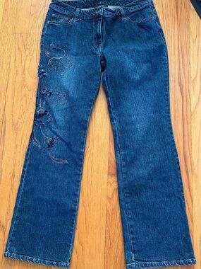 INC International Concepts Dark Blue Embroidered Wide Leg Jeans